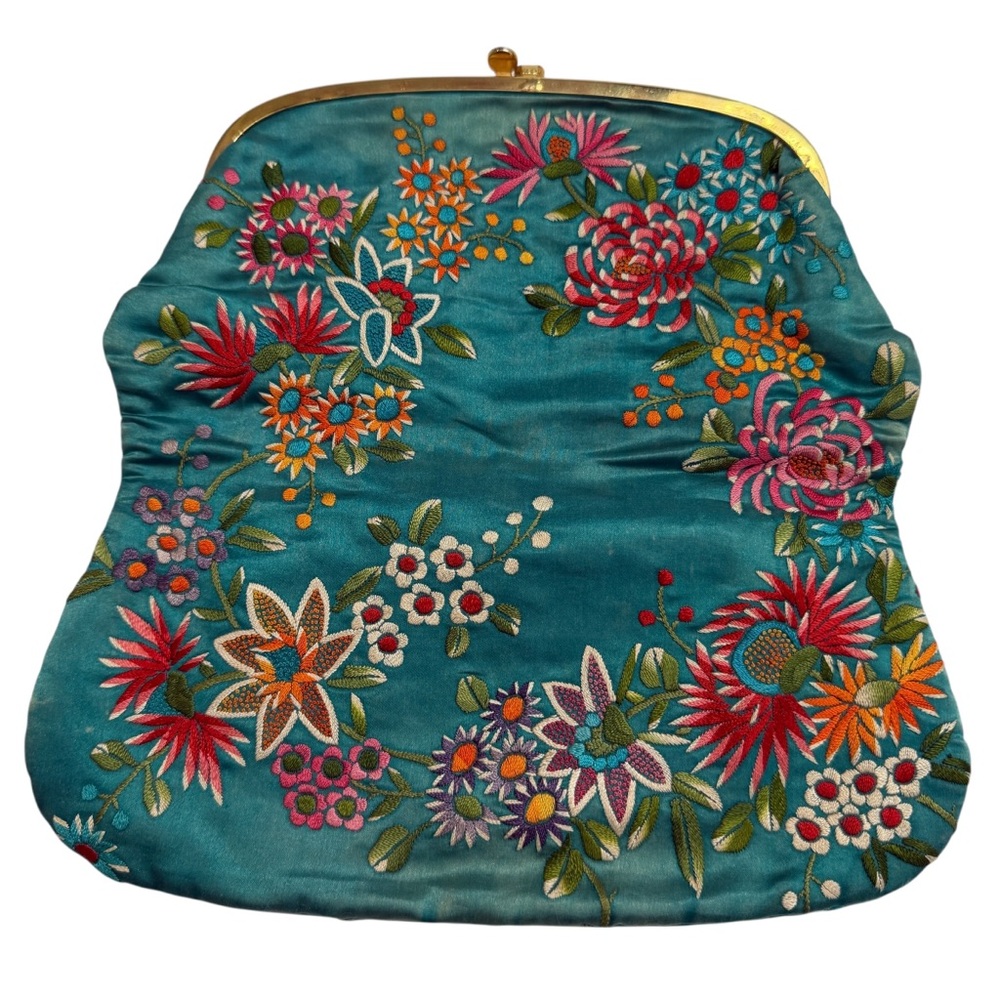 Floral Embroidered Clutch Bag Womens Medium Teal Green Satin Kiss Lock Evening